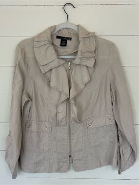 Willie Smith Light Beige Ruffle Collar Zip-Front Utility Jacket, Size Large